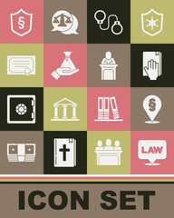 Sticker - Set Location law, Oath the Holy Bible, Handcuffs, Bribe money bag, Certificate template, Justice in shield and Judge icon. Vector