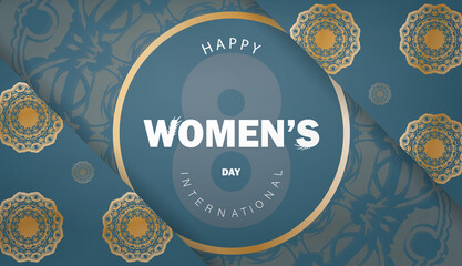 Flyer 8 march international womens day in blue with vintage gold ornament