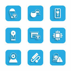 Poster - Set Smart garage, Electric extension cord, Ringing alarm bell, Processor with CPU, Web camera, coffee machine, key and light bulb icon. Vector