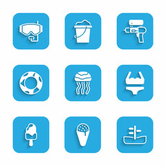 Poster - Set Jellyfish, Ice cream in waffle cone, Road traffic sign, Swimsuit, Rubber swimming ring, Water gun and Diving mask icon. Vector