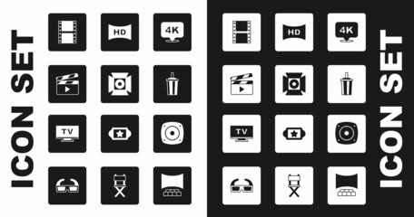 Sticker - Set 4k Ultra HD, Movie spotlight, clapper, Play video, Paper glass with water, Hd movie, tape, frame, Stereo speaker and Smart Tv icon. Vector