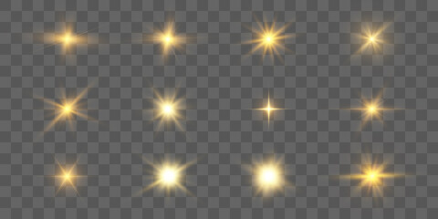 Realistic collection of bright light effects, sparkling stars on a transparent background. Vector