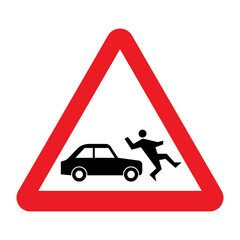 Wall Mural - Accident with pedestrian warning sign. Vector illustration of red triangle sign with car hitting man icon inside. Risk of running over people. Vehicle crash accident symbol. Caution people on road.