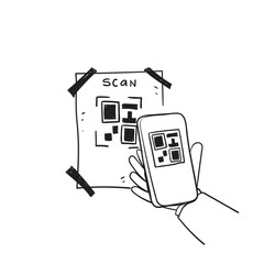 hand drawn doodle QR code scanning icon in smartphone illustration