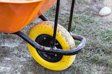 Construction Wheelbarrow. Wheel - Detail Close Up