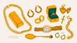 © Dariia - Big Golden set. Precious jewelry concept. Gold bar, earrings, heart shaped locket, engagement wedding rings, wrist watch, golden chain, bracelet, cross, spoon. Hand drawn modern Vector illustration