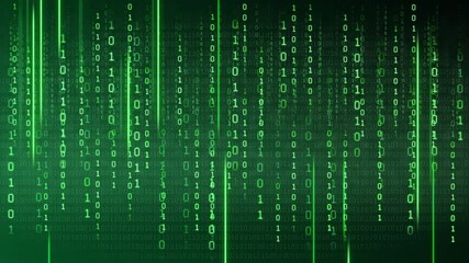 Binary code on a dark background. Abstract animated background from particles of a computer program. Hacker attacks and cyber security concept.