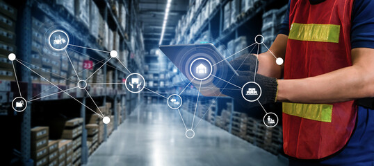 Wall Mural - Smart warehouse management system with innovative internet of things technology to identify package picking and delivery . Future concept of supply chain and logistic network business .