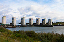 Panoramic View Of The Water Flood System. IJsselmeer On The Right And Markermeer On The Left. Lelystad Flevopolder Near Amsterdam Part Of The Zuiderzeewerke. Water Management. 