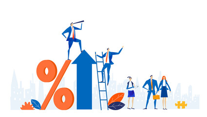 Wall Mural - Business people working next to percentage sign. Economy, finance industry, research, advisory, analysing data. Business concept illustration 