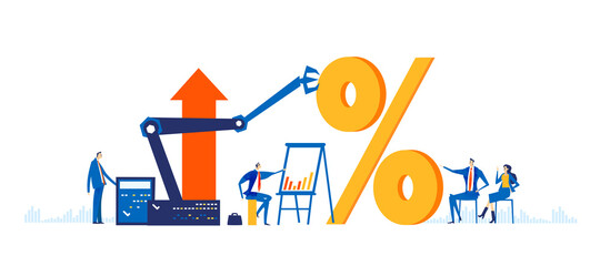 Wall Mural - Business people working next to percentage sign. Economy, finance industry, research, advisory, analysing data. Business concept illustration 