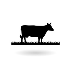 Poster - The cow is eating grass black and white silhouette icon with shadow