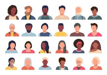 Set of persons, avatars, people heads of different ethnicity and age in flat style. Multi nationality social networks people faces collection.