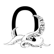 Alphabet Element. Hand Drawn Font For Typography, Book Covers, Booklets, Magazines, Social Media. Capital Letter O With Octopus, Tentacles In Black And White Graphic Style.