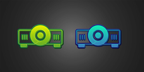 Green and blue Presentation, movie, film, media projector icon isolated on black background. Vector