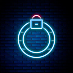 Sticker - Glowing neon line Fantasy magic stone ring with gem icon isolated on brick wall background. Colorful outline concept. Vector