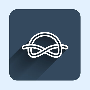 White line Nautical rope knots icon isolated with long shadow background. Rope tied in a knot. Blue square button. Vector