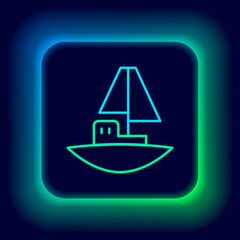 Wall Mural - Glowing neon line Toy boat icon isolated on black background. Colorful outline concept. Vector