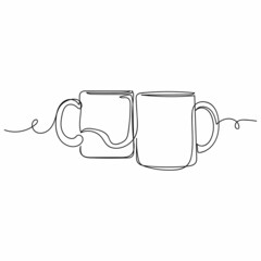 Vector continuous one single line drawing icon of two mug cup in silhouette sketch on a white background. Linear stylized.