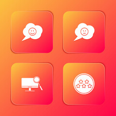 Poster - Set Speech bubble with smile face, angry, Computer monitor diagnostics and Five stars rating review icon. Vector