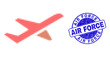 © Evgeny - Airplane takeoff halftone dotted icon with Air Force seal stamp. Blue vector rounded distress seal stamp with Air Force title inside circle form.