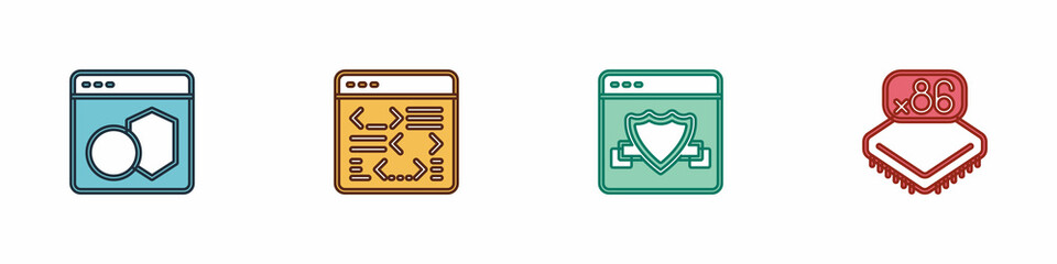 Set Software, , Browser with shield and Processor microcircuits CPU icon. Vector