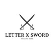 Sword logo design inspiration. Letter X sword weapon logo. Modern and simple sword weapon logo template element. Weapon illustration for brand identity design. Sword symbol vector icon.