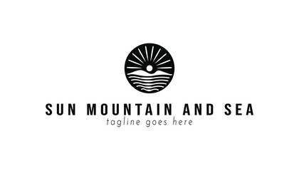 Mountain logo inspiration template. Mountain and sun logo design concept. sunrise and sunset logo label. Modern landscape branding label. Black and white adventure logotype. Outdoors brand identity. 