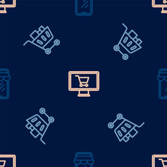 Canvas Print - Set line Online shopping on phone, Shopping cart and food and monitor on seamless pattern. Vector