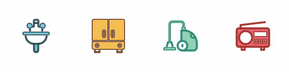 Sticker - Set Washbasin, Wardrobe, Vacuum cleaner and Radio icon. Vector