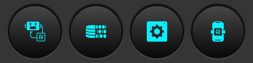 Set Artificial intelligence robot, Binary code, Computer api interface and AI icon. Vector