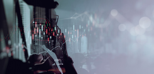 Wall Mural - Double exposure of graph growth of financial and economic,Businesswoman using smartphone chart of business financial stock market trading and stock exchange on city and global network.