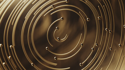 Canvas Print - 3d render Curly golden abstract in circle lines together with particles on blurred bokeh background
