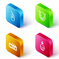 Sticker - Set Isometric line Computer mouse, Mask of the devil with horns, keyboard and Bottle magic elixir icon. Vector