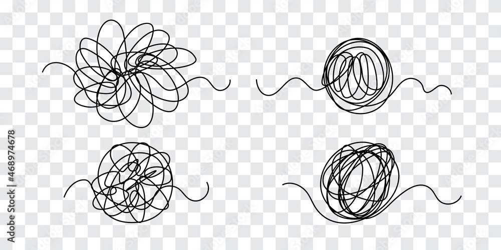 Tangle tangled thread. Doodle illustration of chaotic thread in a circle, scribble line. Yarn, twine in the ball. Hand drawn vector illustration.
