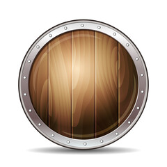 Round wooden shield with steel frame. Vector illustration