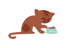 Cat With Food. Caring Owners Fed Pet With Delicious Food. Animals Licks Its Lips Near Full Bowl, Person Also Preens. Kitchen, House, Apartment, Comfort, Cozy. Cartoon Flat Vector Illustration