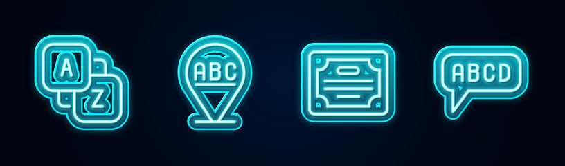 Poster - Set line Vocabulary, Alphabet, Certificate template and . Glowing neon icon. Vector