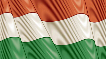 Wall Mural - Vintage Flag Of Hungary. Close-up Background. Vector illustration in retro woodcut style.