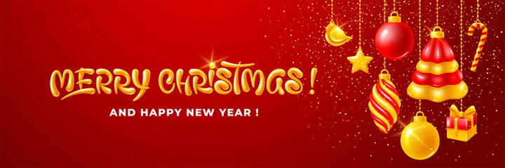 Wall Mural - Merry Christmas and Happy New Year greeting banner template. Hanging christmas decorations, golden raised lettering on red background. Vector illustration.