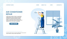 Professional Worker Of Ventilation Repair Service In Blue Uniform Stand On Ladder Fix Or Install Air-conditioner On Wall In Office, House, Appertment. Vector Illustration