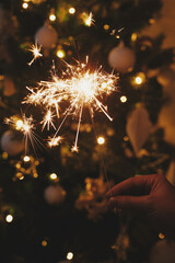 Wall Mural - Hand holding burning sparkler against christmas tree lights in festive evening room. Happy New Year.