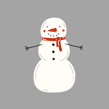 Snowman In Red Scarf On A Grey Background. Vector Illustration