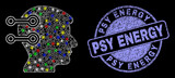 Fototapeta Psy - Glossy polygonal mesh net brain interface links icon with glow effect on a black background, and Psy Energy textured seal imitation. Illuminated vector mesh created from brain interface links icon,