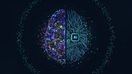 Artificial intelligence brain animation. Futuristic human brain interface concept. Robotic system. Intellectual programming of future human. AI Digital background. Motion design 4k