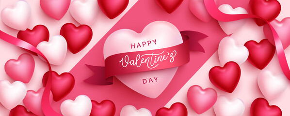Wall Mural - Valentine hearts vector background design. Happy valentine's day greeting text with pink hearts and lasso romantic elements for love celebration decoration. Vector illustration.
