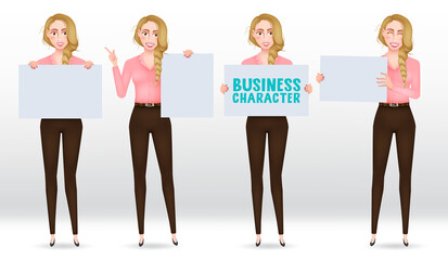 Wall Mural - Businesswoman presenting characters vector set. Business woman presentation character holding and showing white board element for female work report design. Vector illustration.
