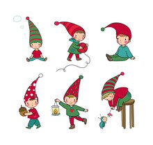 Cute Cartoon Gnomes . Forest Elves. Little Fairies. Little Cheerful Boys In Winter Hats.