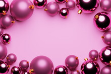 Pink Christmas Ball Decoration On Pink Background With Center Copy Space. 3d Rendering