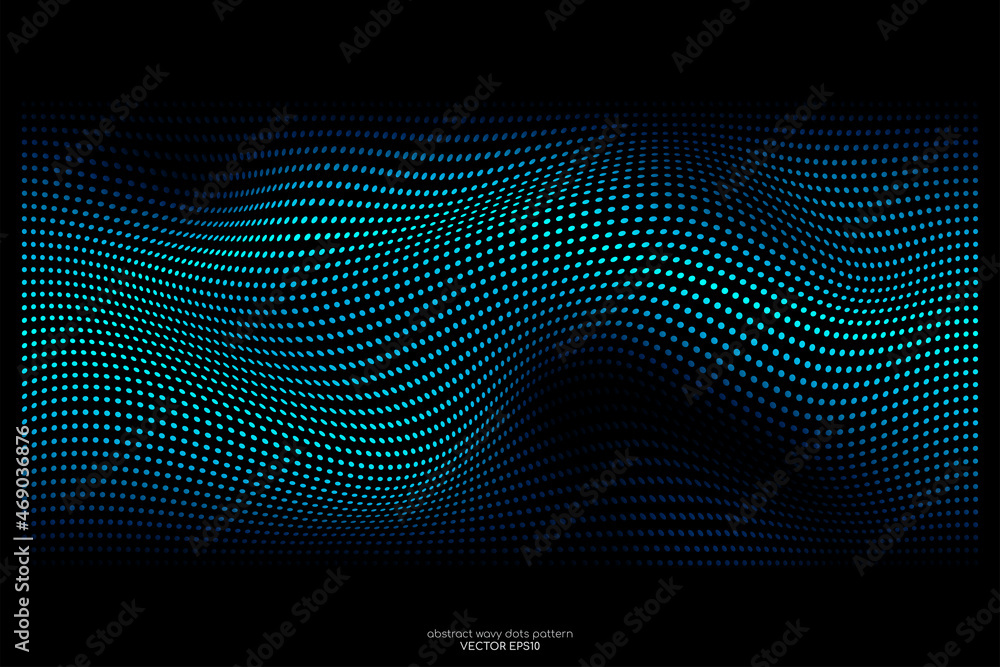 Abstract dots particles flowing wavy blue green light isolated on black ...